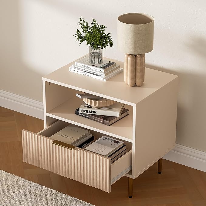 Nightstand with Drawer, End Table with Storage, Side Table with Open Space, Bed Side Table for Bedroom, Modern Nightstand with Golden Handle for Bedroom, Living Room, Oak