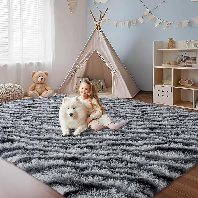 Fluffy Rugs for Living Room, 5x7 Ft Black White Zebra Shag Rugs for Bedroom Dorm Kids Room Nursery, Soft Non-Slip Modern Fuzzy Plush Carpet for Indoor Home Decor