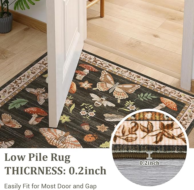 Mushroom Insect 7ft Round Rug Washable Non-Slip Soft Ultra-Thin Large Boho Circle Carpet for Entryway Kitchen Bedroom Nursery Dining Room Brown
