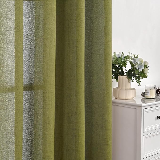 YoungsTex Olive Green Linen Curtains 45 Inches Length Textured Short Window Drapes Light Filtering with Bronze Grommet for Kitchen Bedroom Cafe Decorative, 42 x 45 Inch, 2 Panels