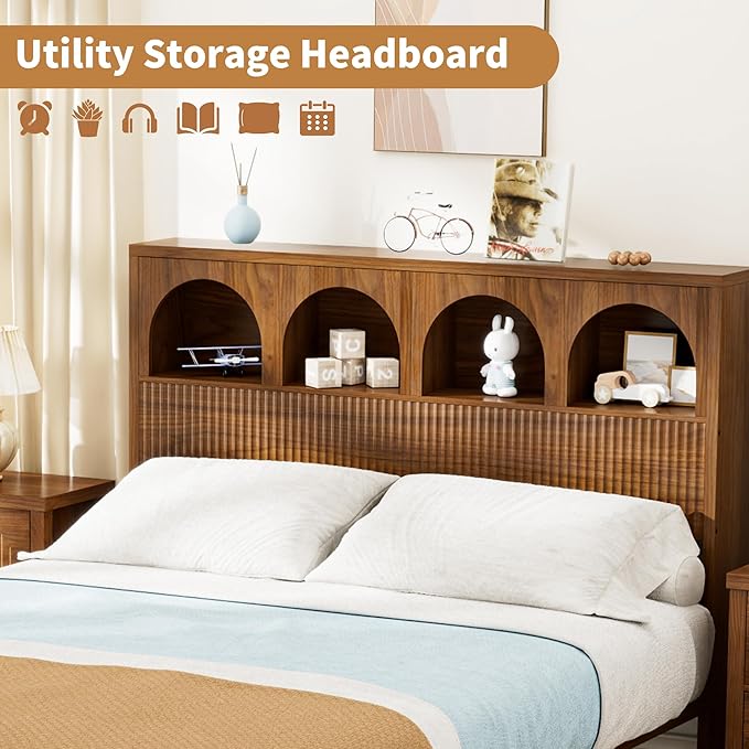 Full Bed Frame with Wave Headboard, Storage Headboard with 4 Arched Storage Compartments, Farmhouse Wooden Full Bed Frame, No Box Spring Needed, No Noise (Full-Walnut)