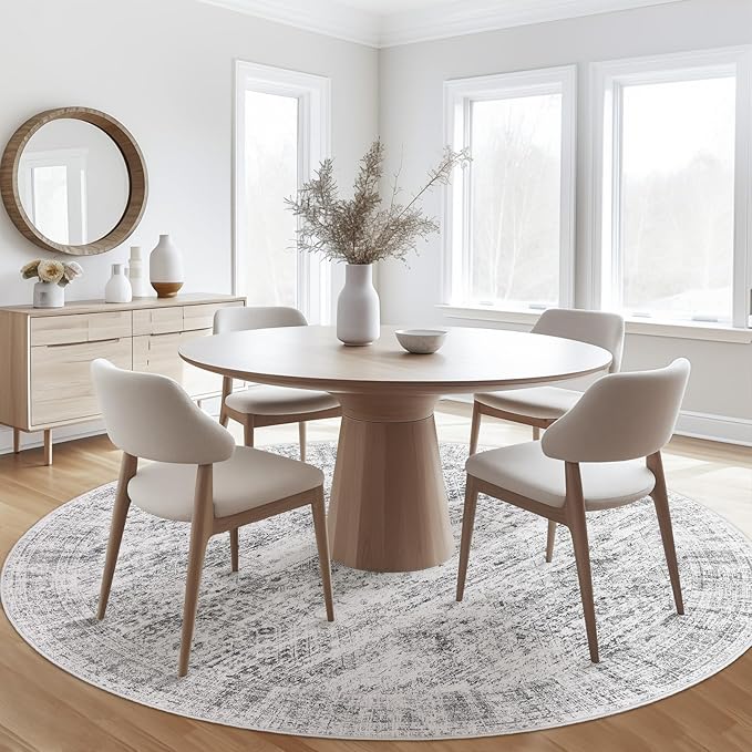 5x5 Grey Round Rug 5ft Living Room Circle Rug Vintage Gray Round Area Rug Non Slip Indoor Carpet for Entryway Dining Room Bedroom