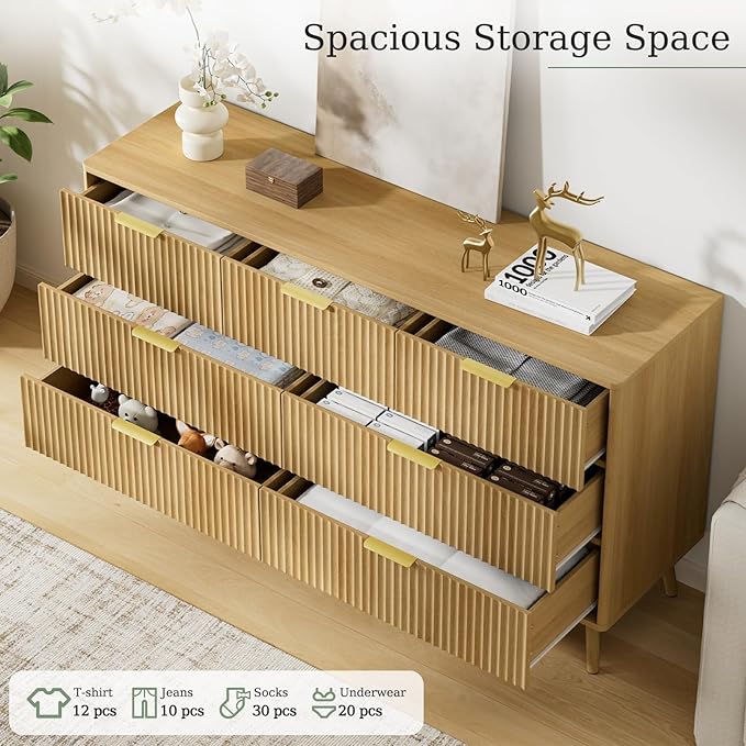LYNSOM Fluted Dresser and Nightstand Sets 3 Piece, 7-Drawers Dresser and 1-Drawer Nightstands Set of 2, Wood Bedroom Furniture Set for Home, Bedroom, Hallway, Oak
