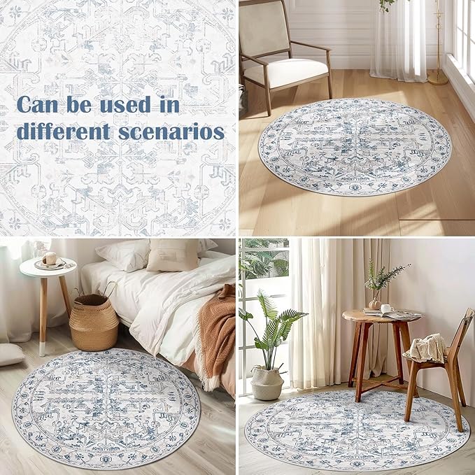 jinchan Lima Round Rug 8ft Vintage Machine Washable Area Rug Indoor Circle 8' Ultra-Thin Non-Slip Floral Print Carpet for Farmhouse Entryway Dining Room Living Room Bedroom Office (8'Round, Blue)
