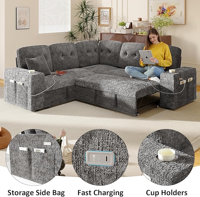 Modular Sectional Sleeper Sofa with Pull Out Bed, L Shaped 5 Seat Sectional Couches for Living Room, 84 Inch Sofa Bed with Adjustable Backrest | Hidden Storage | Wide Armrest | Grey