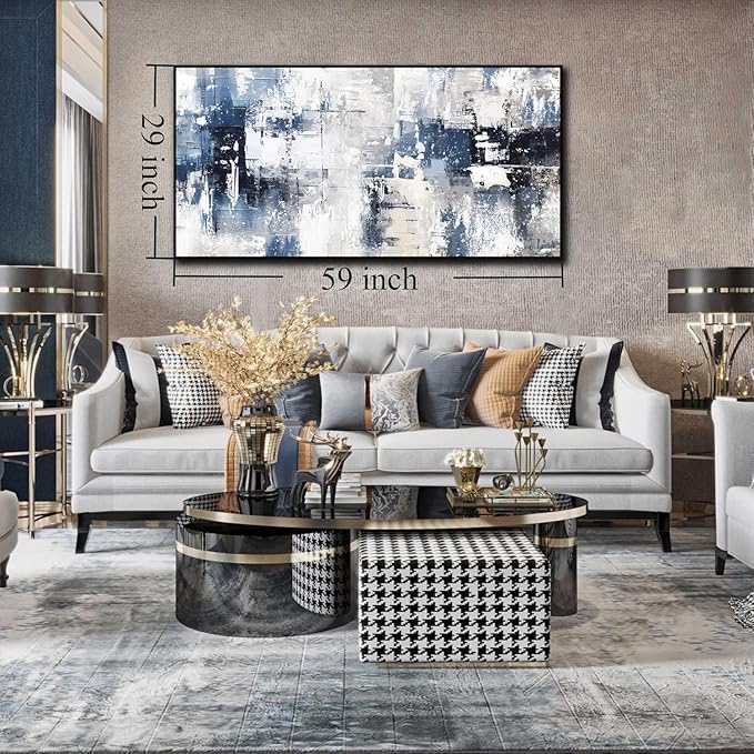 White and Blue Abstract Canvas Wall Art for Living Room Bedroom Home Office Large Black Framed Artwork Grey Abstract Canvas Prints Ready to Hang Size 29x59