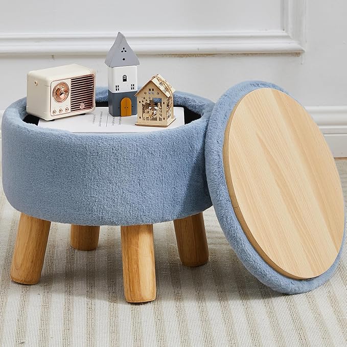 FIMIVIBI Small Foot Stool Ottoman with Storage, Soft Faux Fur Ottoman Foot Rest for Couch, Round Footstool with Storage, Small Ottomans and Footstools for Living Room and Entryway (Light Blue)