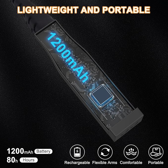 Rechargeable Neck Light with Dual-Sided LED, 1200mAh Battery, Large Velvet Neck Pad, Perfect for Bed Reading, Knitting, Camping, and Book Lovers(Black)