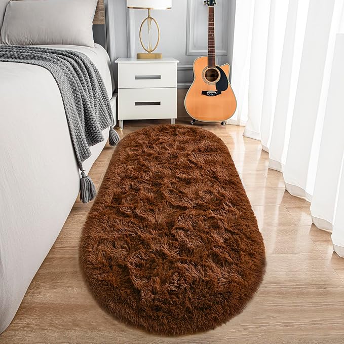 Noahas Fluffy Brown Rugs for Bedroom Living Room,2.6'X5.3' Oval Throw Rug for Kids Room,Shag Hallway Runner Rug,Small Soft Shaggy Bedside Non-Slip Plush Nursery Dorm Carpet Home Decor Aesthetic