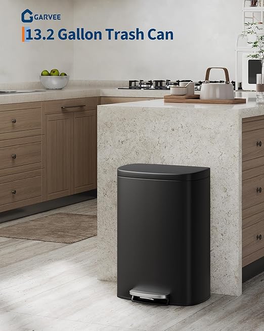 GarveeHome Stainless Steel Kitchen Trash Can, 13 Gal / 50 L Step-On Garbage Bin with Soft Close Lid, Large Rustproof Metal Trash Can for Kitchen, Black