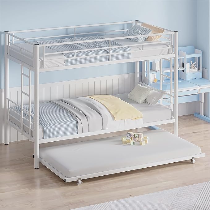 VECELO Bunk Bed Twin Over Twin with Trundle, Metal Bunkbeds with Ladder and Full-Length Guardrail, No Box Spring Needed, Space Saving, Noise Free, White