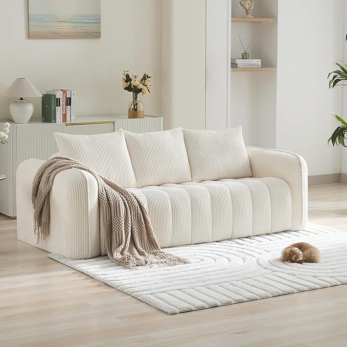 83'' Boneless Corduroy Sofa, Oversized 3 Seater Deep Seat Couch with Rounded Armrest, Modern Upholstered Cloud Sofa for Living Room, No Assembly, White