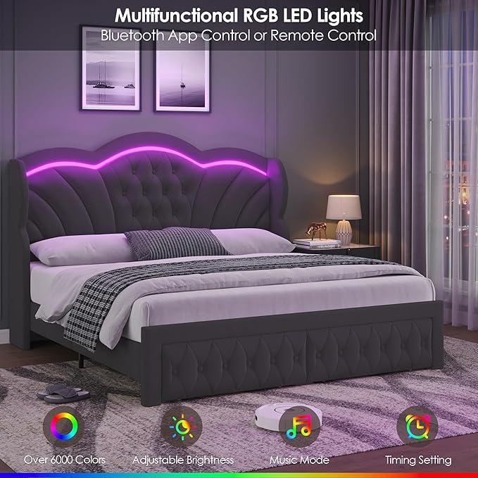 Keyluv Full Bed Frame with LED Lights and 2 Storage Drawers, Velvet Upholstered Platform with 47" Tall Arc-Shaped Wingback Headboard and Button Tufted Design, No Box Spring Needed, Noise-Free, Gray