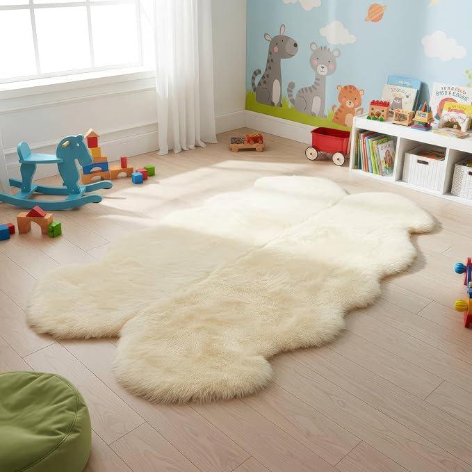 Premium Genuine Sheepskin Rug 4x6 ft, Real Fluffy Quad Pelt, Natural Fluffy Fur Area Rug for Living Room, Bedroom & Home Decor - Champagne Color