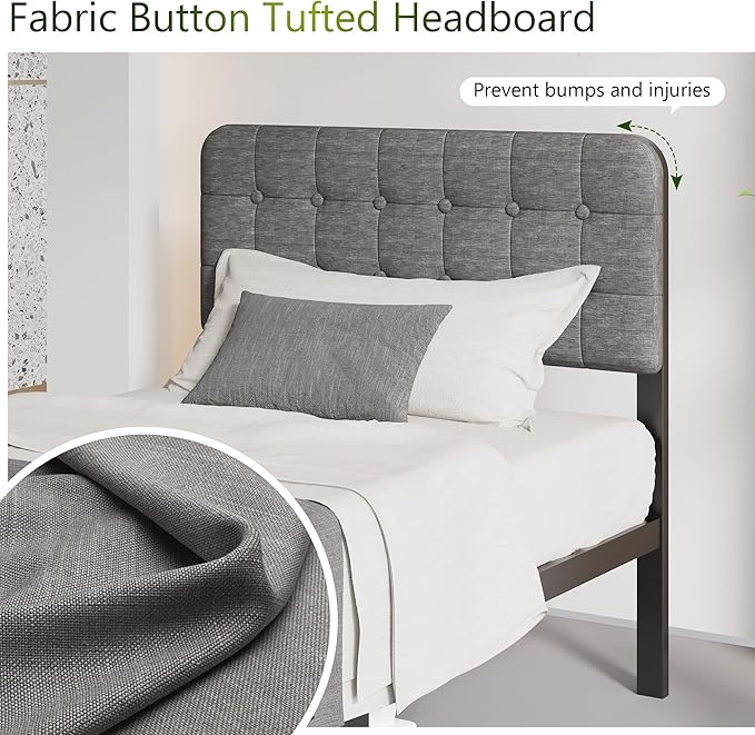 12 Inch Twin XL Bed Frames with Upholstered Headboard and Metal Footboard, No Box Spring Needed, Heavy Duty XL Twin Metal Mattress Foundation, Noise Free, Easy Assembly