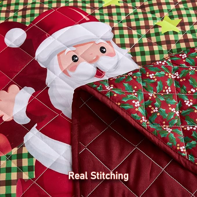 CHIXIN Christmas Oversized Bedspread King Size, Santa Claus Pattern Bedding Quilt, Rustic Lodge Plaid Patchwork Coverlet Set, Lightweight & Soft Microfiber, 3 Piece, King/Cal King