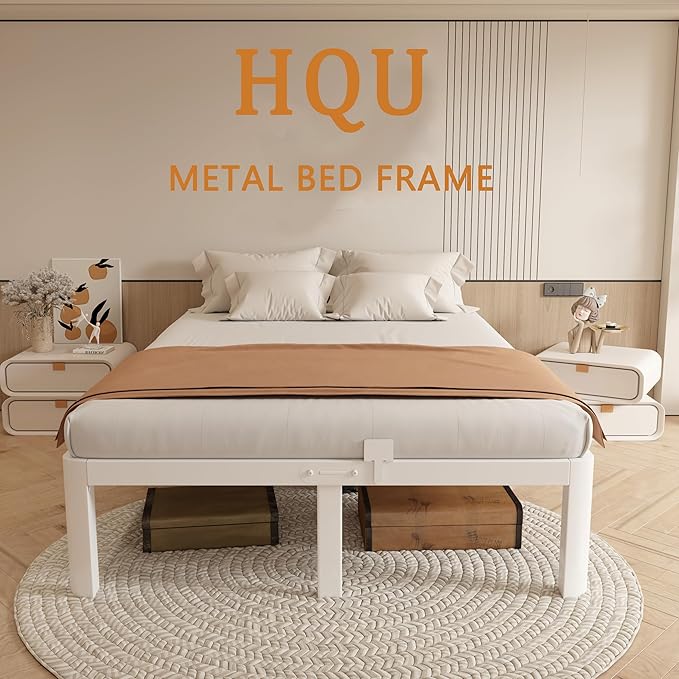 12 Inch Full Bed Frame, Platform Bed Frames with Metal Gaskets, Anti-Slip Mattress Stopper, No Box Spring Needed, Heavy Duty Steel Slat Support, Round Corner Leg, Easy Assembly, White