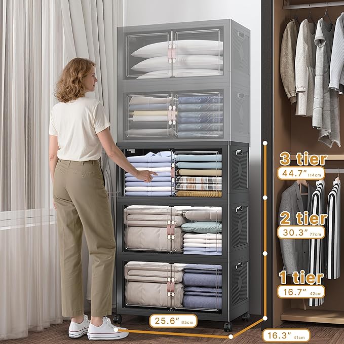 Extra Large Stackable Storage Bins with Lids&Wheels,375QT-125QT/32GAL*3Pack Collapsible Container Closet Organizers,Plastic Stackable Storage drawers for bedroom Dorm