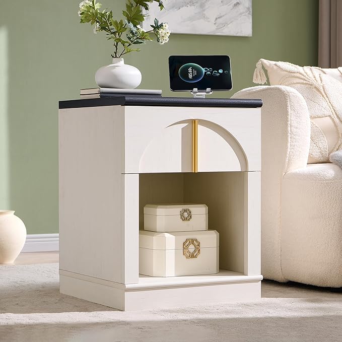 ACCOHOHO Modern Night Stand with Arched Panel,18" Wooden nightstand with Charging Station,Bedside Table with Drawer Storage,Side End Table with Open Shelf for Bedroom,Living Room,White
