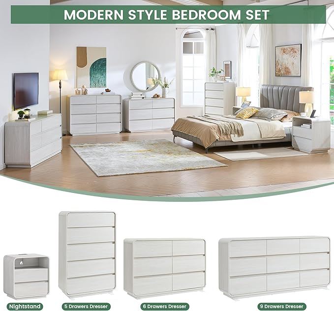 White Dressers of 9 Drawers, Chest Dresser with Deep Drawers, Modern Dresser Closet for Bedroom, Curved Drawer with Large Storage, 57’’ Wide.