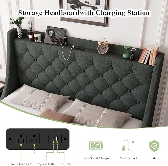Feonase Upholstered Full Size Bed Frame with 4 Storage Drawers, Charging Station, Tufted Wingback Storage Headboard, No Box Spring Needed, Easy Assembly, Dark Grey