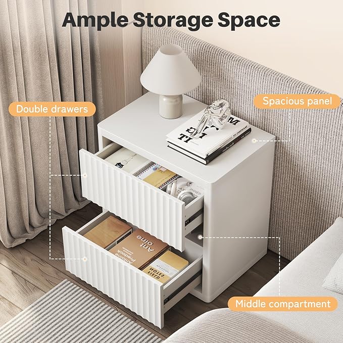 Dripex Fluted Nightstand with 2 Drawers, Large Wide Wood Night Stand Bedside Tables for Bedroom, Mid-Century Modern Storage Bed Side Table, End Tables for Living Room Sofa Couch, White, Set of 2