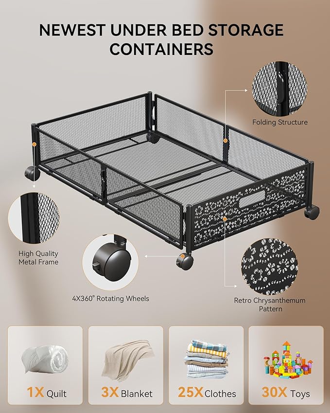 Under Bed Storage with Wheels, Foldable Pattern Carved Metal Under The Bed Storage, Tool-Free Assembly Under Bed Organizer, 60L Underbed Storage for Bedroom Clothes Blankets Shoes Toys