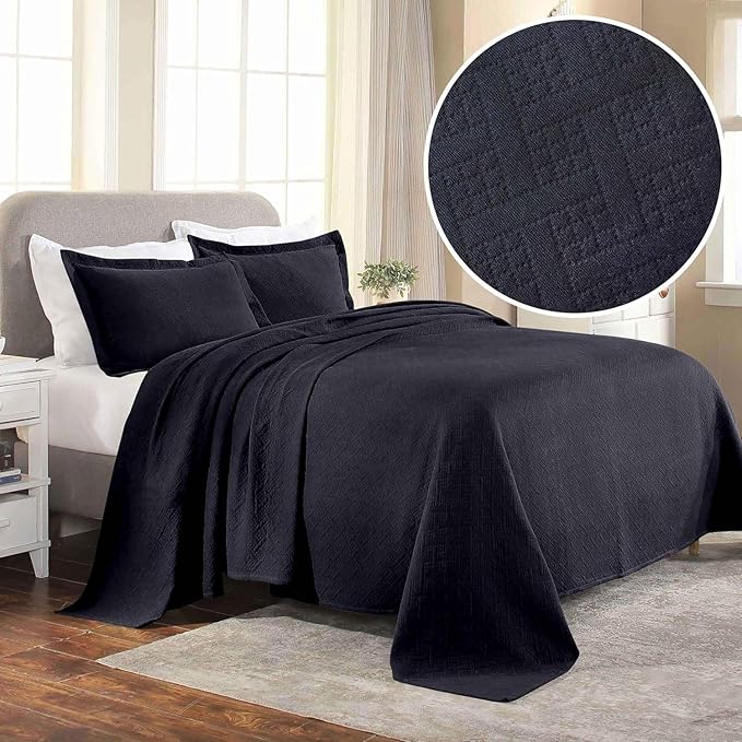 Superior 3 Piece Basketweave Cotton Bedspread Set, Home Bed Decor, Decorative Bed Spread, 2 Pillow Shams, Medium Weight Blanket, Matelasse Coverlet Bedding, Geometric Lattice Pattern, Full, Navy Blue