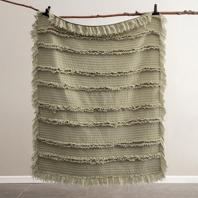 Ultra Soft Pre-Washed Quilted Boho Sage Green Twin Size Blankets for Bed, Olive Green Ruffle Fringed Decorative Throw, Stone Washed Chic Rustic Blanket for Sofa Couch Bed, 60"*80"