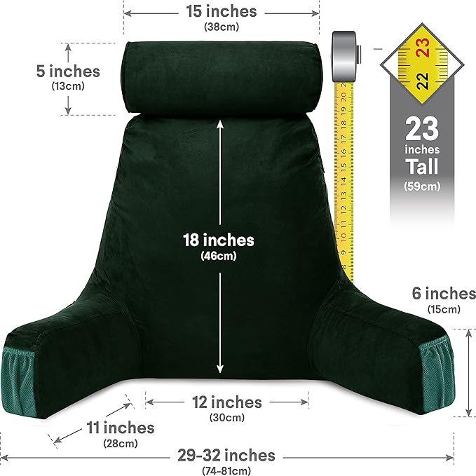 Husband Pillow Medium Aspen Edition Ramona Green, Sit Up Reading & Bed Rest with Arms, Ultra-Comfy, Detach Neck Roll - Premium Shredded Memory Foam Backrest, Reverses to Micro: Suede or Plush