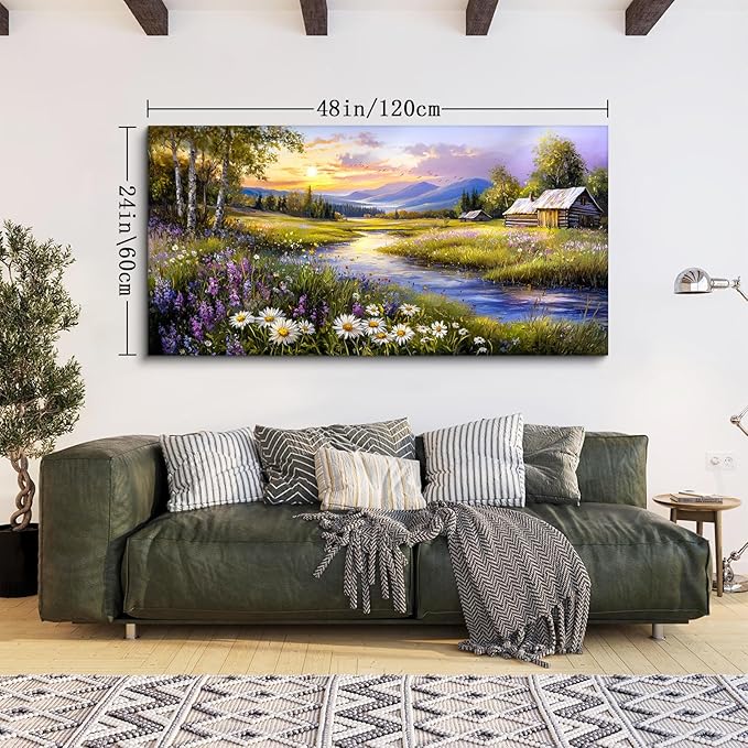 SERIMINO Large Wall Art for Living Room, River Landscape Wall Art, Meadow Wildflower Canvas Art Prints, Countryside Sunset Paintings Wall Decor for Bedroom, Farmhouse Kitchen Decor Pictures 24"X48"