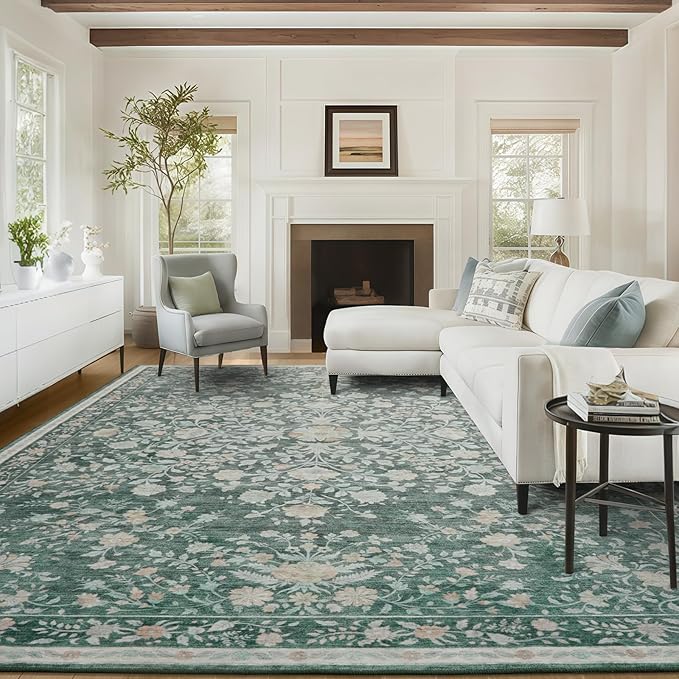 AMADA HOMEFURNISHING 8x10 Area Rugs, Washable Low-Profile Large Living Room Rug with Non-Slip Backing & Durable Edge Binding, Soft Vintage Rug for Bedroom, Dinning Room, Home Office
