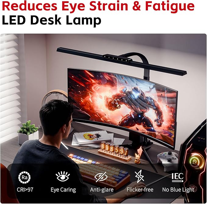 Desk Lamp with Clamp, LED Eye-Caring Clip on Desk Lights for Home Office, Tall Touch Control Dimmable Computer Light with Color Changing, 24W Brightest Architect Desktop Lamp for Screen, Black
