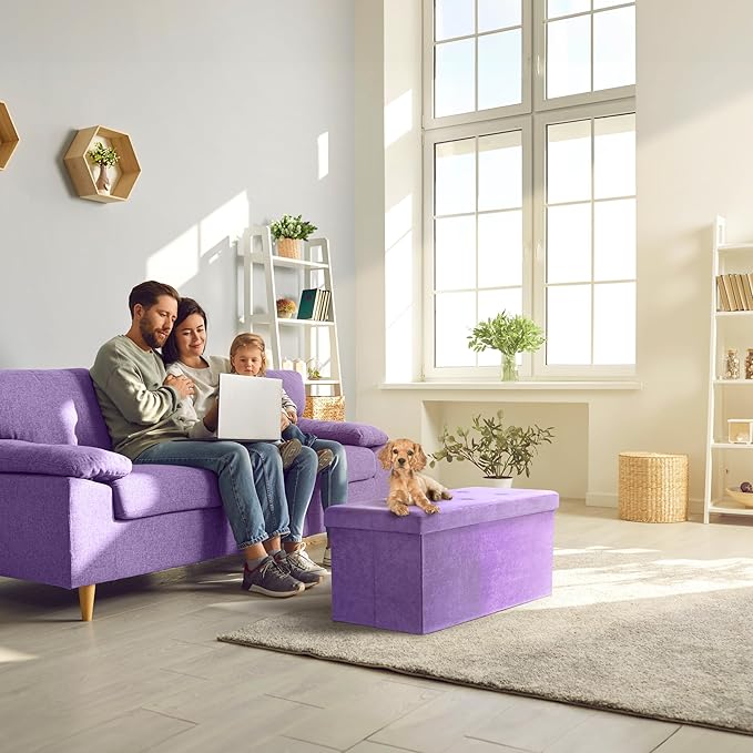 Sorbus Storage Ottoman Bench – Collapsible/Folding Bench Chest with Cover – Perfect Toy and Shoe Chest, Hope Chest, Pouffe Ottoman, Seat, Foot Rest, – Contemporary Faux Suede (Purple)