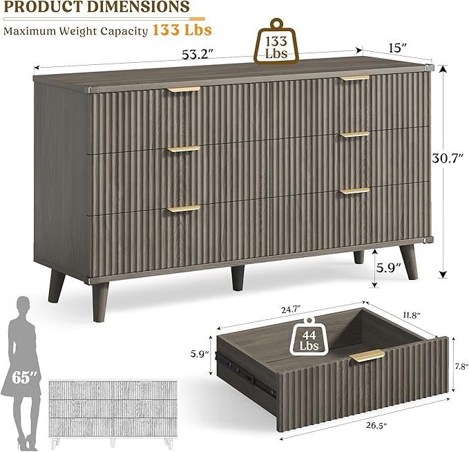 Lulive Wood Dresser for Bedroom with 6 Drawers, 53.2" Long Fluted Modern Chest of Drawers Storage Organizer, Dressers TV Stand for Living Room, Closet, Hallway (Dark Grey Oak)