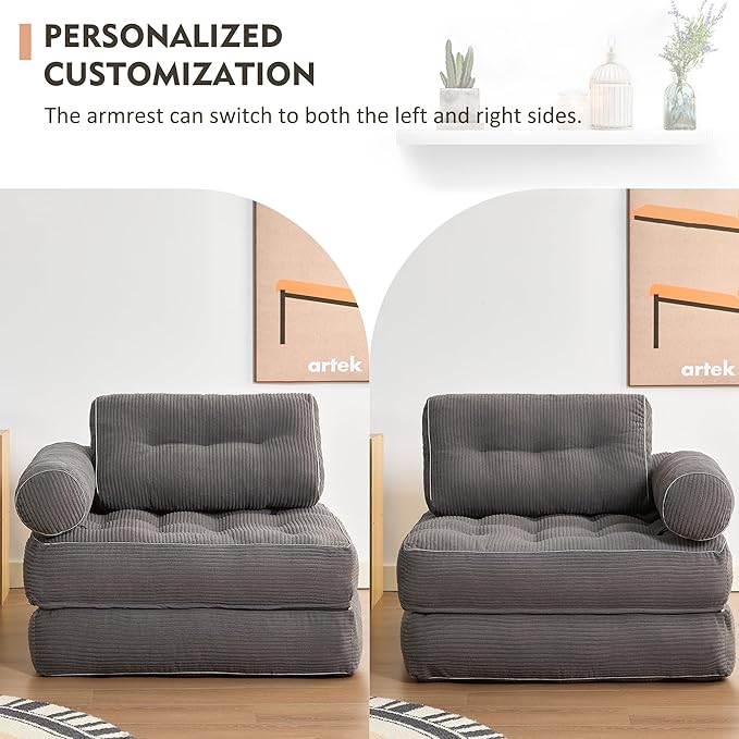 Plus Futon Sofa Bed for Small Spaces, Floor Couch with Armrest, Folding Sofa Couch, Convertible Sleeper Chair Bed with Pillow, Portable Comfy Floor Lounge for Living Room and Bedroom, Grey