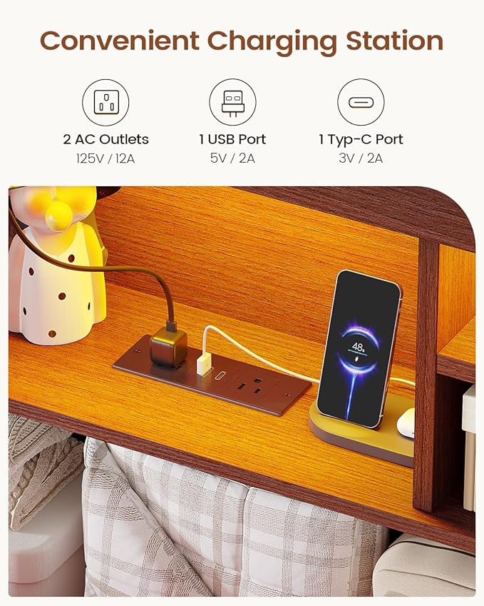 AOGLLATI Farmhouse Twin Bed Frame with Lift Up Storage & Hidden Bookcase Storage Headbord, Wood Bed Frame Twin with Charging Station, Led Lights, No Box Spring Needed, Brown
