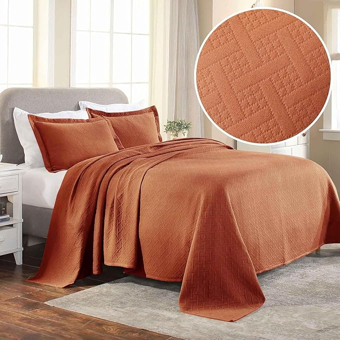 Superior 100% Cotton Basket Weave Bedspread with Shams, All-Season Premium Cotton Matelasse Jacquard Bedding, Quilted-Look Geometric Basket, Queen, Mandarin