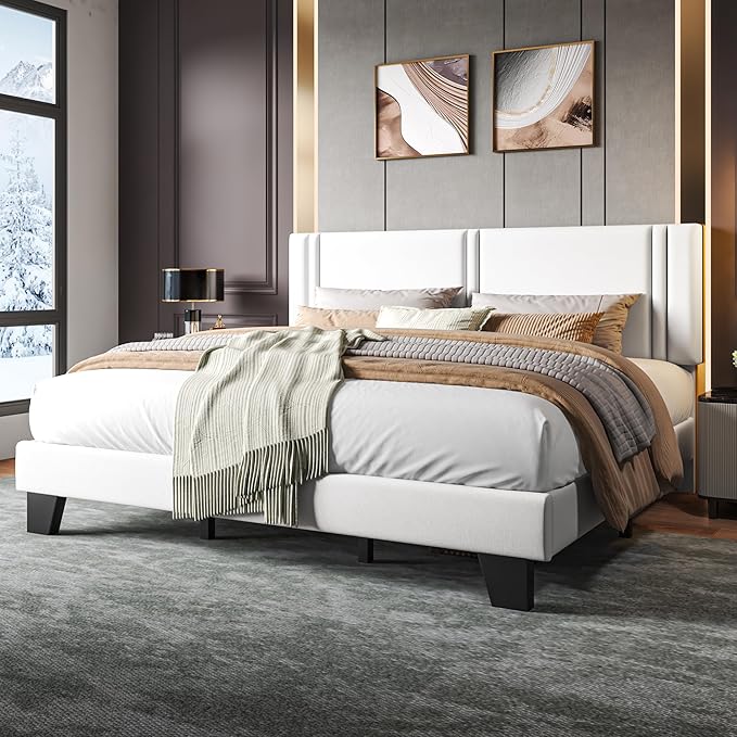 Upholstered King Size Bed Frame with Linen Fabric Headboard, Strong Wooden Slats Support, Noise Free, No Box Spring Needed, White
