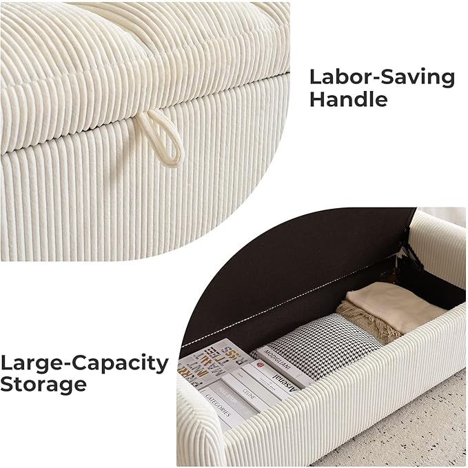 Oversized Corduroy Ottoman Bench with Storage, Upholstered End of Bed Bench for Bedroom, Ottoman Foot Rest for Living Room, Beige
