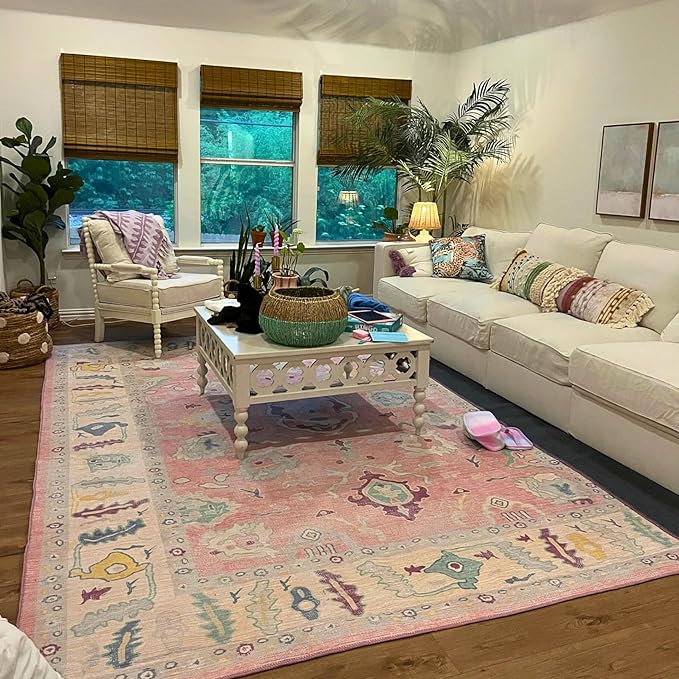Fame Rugs Pink Modern Oushak Rug 2x3, Vintage Doormat Turkish Colorful Oriental Antique Inspired Washable Small Area Rug, Luxury Living Room Bedroom (385PB, 2' x 3')