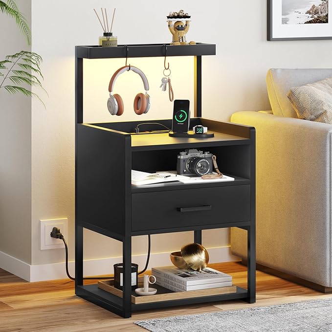 VIAGDO Night Stand Set 2 with Charging Station and LED Lights, Black Night Stand with Drawer, Modern End Side Table with Open Storage Shelves, Bedside Tables for Bedroom, Office