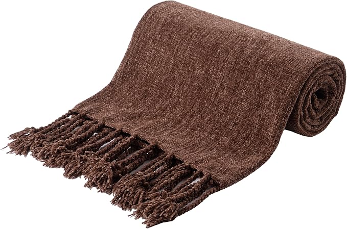 BATTILO HOME Brown Throw Blanket for Couch, Bed, Sofa - Soft Cozy Chenille Throw with Fringe Tassels, Lightweight Chocolate Brown Knitted Throw for Home Decor, 50"x60"