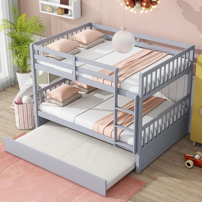 Bellemave Full Over Full Bunk Bed with Trundle,Convertible Bunk Beds with Ladder & Safety Guardrails,Full Size Trundle Bunk Beds for Kids Girls Boys,Light Grey