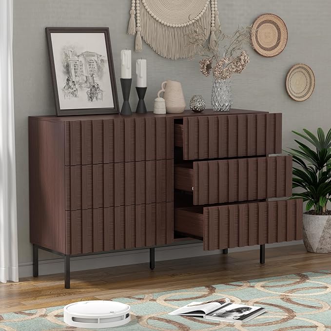 UEV Fluted Dresser for Bedroom with 6 Drawers, 47" Wide Large Chest of Drawers with Metal Stand, Mid-Century Wooden Dresser TV Stand, Closet Storage Organizer for Living Room, Hallway (Walnut)