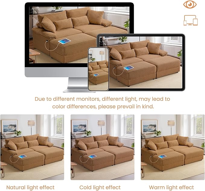 SUNWAVE 74" Double Chaise Lounge Chair Indoor, Oversized Loveseat with Removeable Ottoman, Corduroy Couch with USB Charging, Storage Ottoman, and Coffee Table Cushions for Living Room