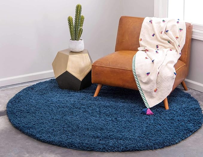 Unique Loom Solid Shag Collection Area Rug (8' Round Sapphire Blue/Navy Blue)