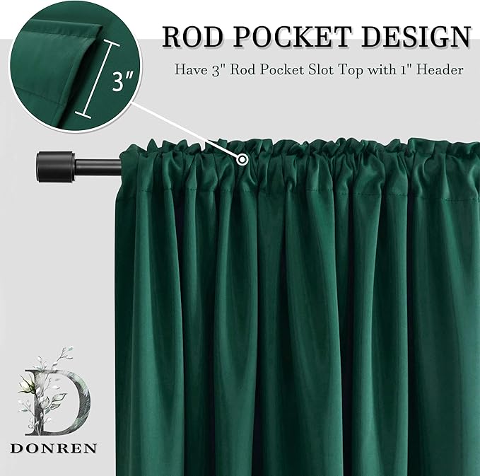 DONREN 108 inch Extra Length Curtains for Bedroom - Rod Pocket Smooth Tactility Blackout Window Panels for Patio (52 W x 108 L,Dark Green,2 Pieces)
