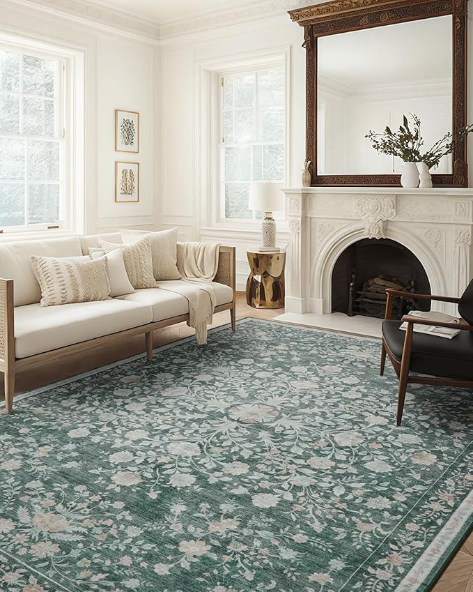 AMADA HOMEFURNISHING 8x10 Area Rugs, Washable Low-Profile Large Living Room Rug with Non-Slip Backing & Durable Edge Binding, Soft Vintage Rug for Bedroom, Dinning Room, Home Office