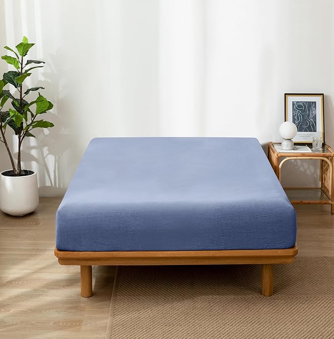MooMee Fitted Bottom Sheet Only 100% Washed Cotton Linen Like Textured Breathable Durable Soft Comfy Deep Pocket Fits Mattress up to 17" (Blue, Queen) New